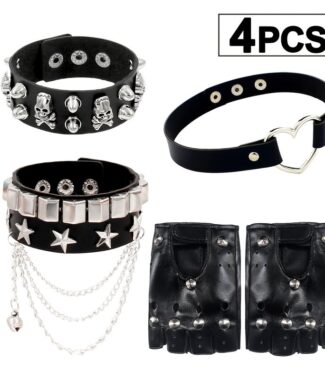 4pc Multi-Layer Faux Leather Bracelet Set - Skull, Rivet & Star