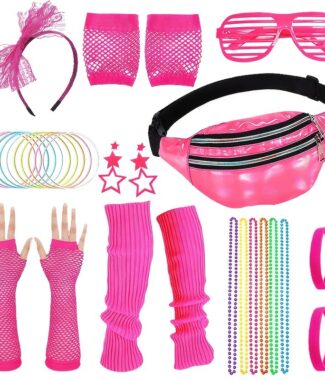 80's Neon Party Accessory Set - Headband, Waist Bag, Earrings & Fishnet Gloves
