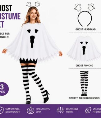 3pcs Ghost Set, White Dress, Headband, Black and White Striped Socks