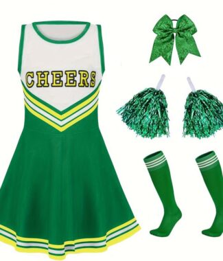 6pcs Women's Green Cheerleading Dress Set with Bow Scrunchie