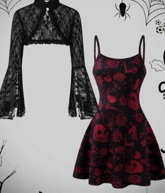 Girls' Lace Jacket and Whimsical Skull Print Camisole Dress