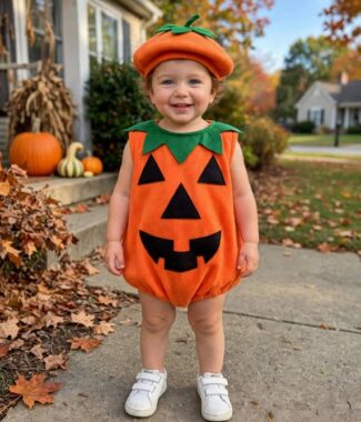 Baby wearing fleece pumpkin romper costume with hat