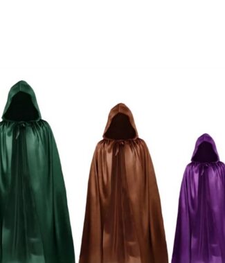 Satin hooded capes in green, brown and purple